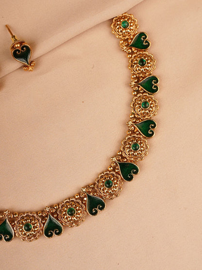 Emerald Green Enamel Temple Necklace Set