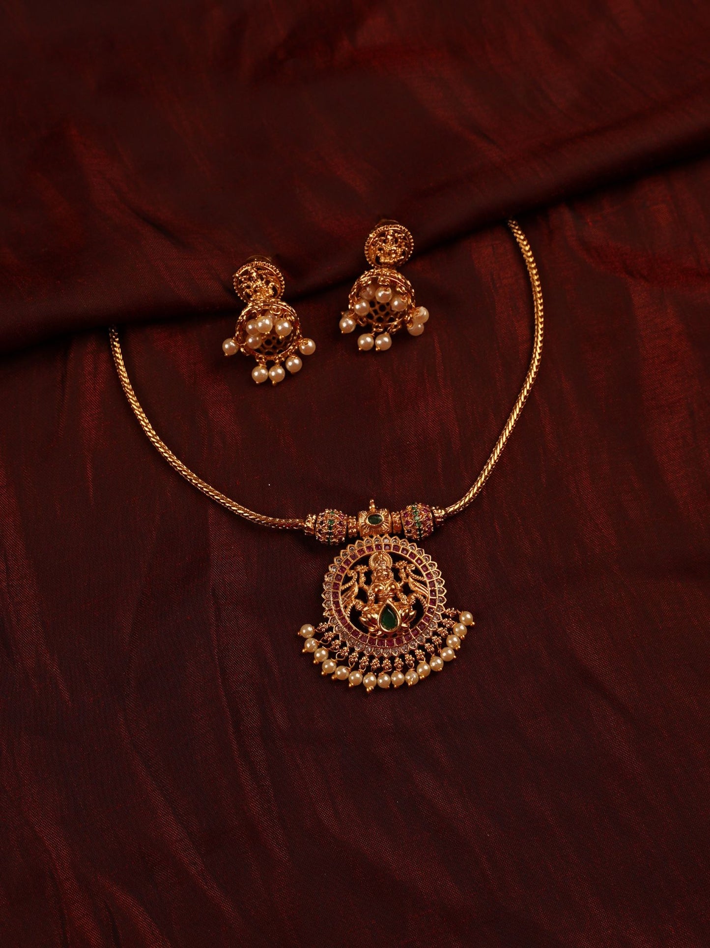 Antique Gold Lakshmi Pendant Necklace Set with Pearl Drops