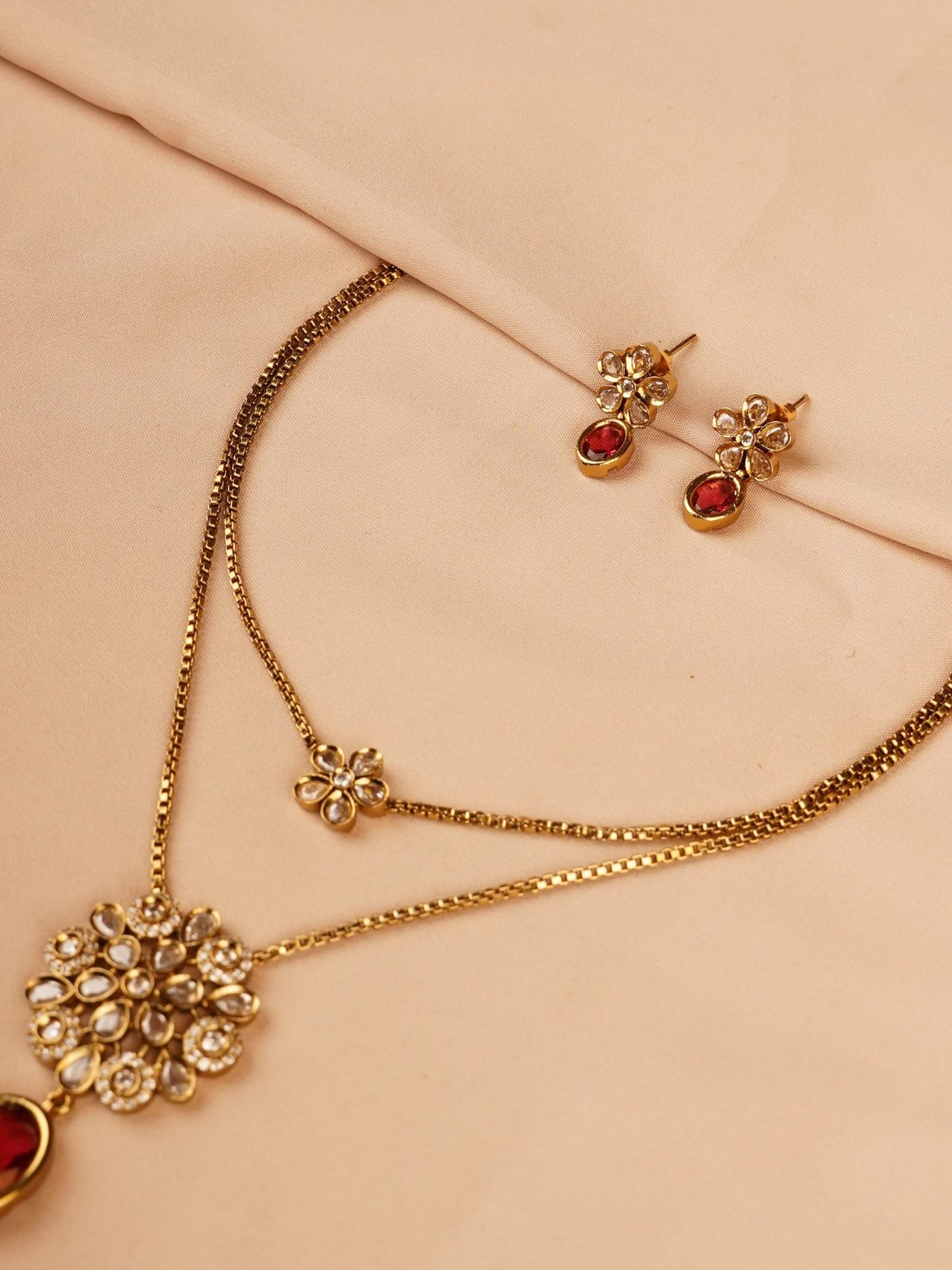 Dual Layer Floral Necklace Set with Ruby Red Drop