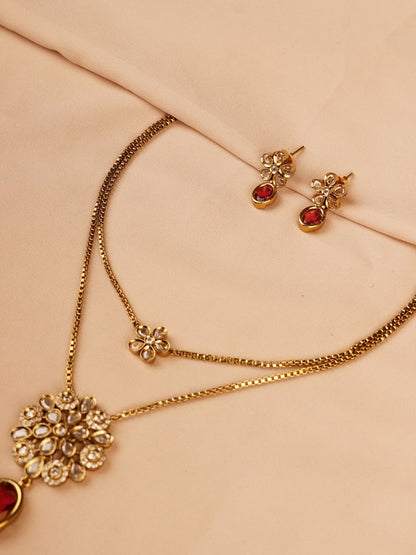 Dual Layer Floral Necklace Set with Ruby Red Drop