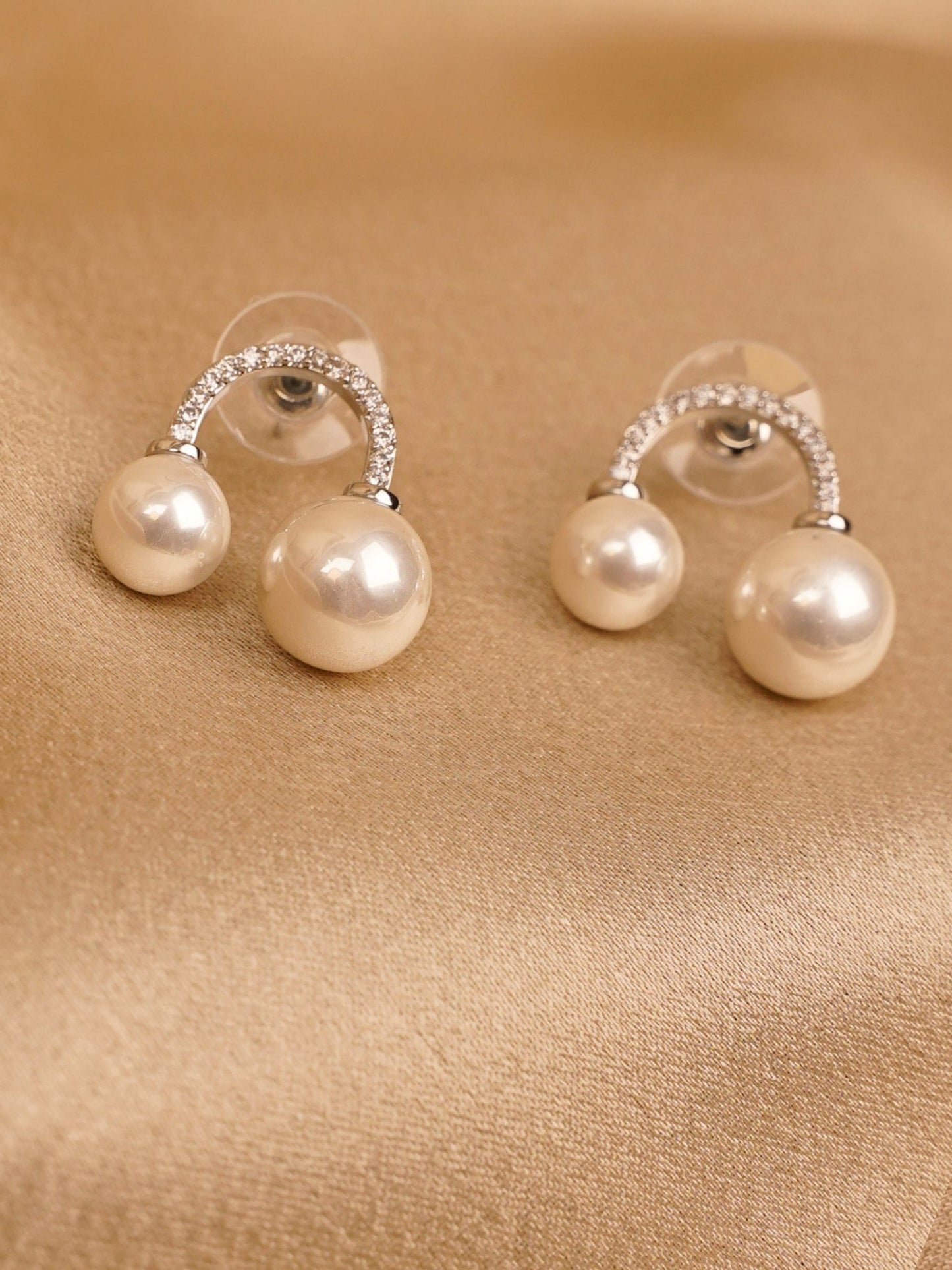 Dual Pearl Crystal Arc Stud Earrings