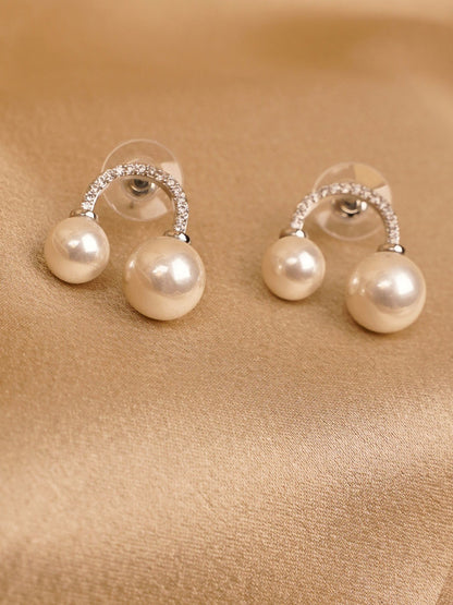 Dual Pearl Crystal Arc Stud Earrings