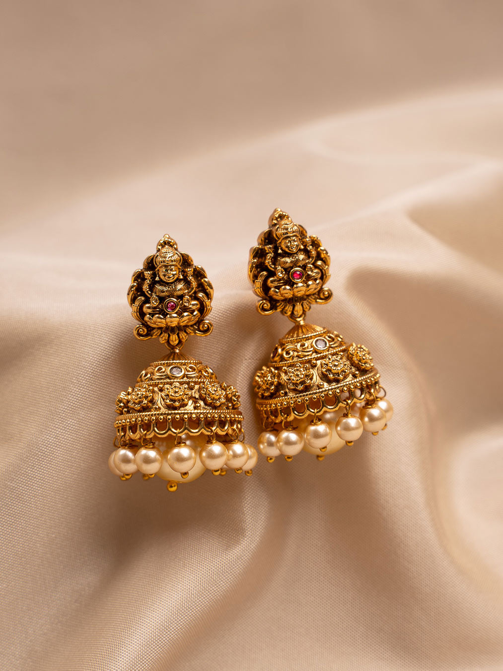 Antique Gold Temple Jhumka Earrings with Pearl Drops