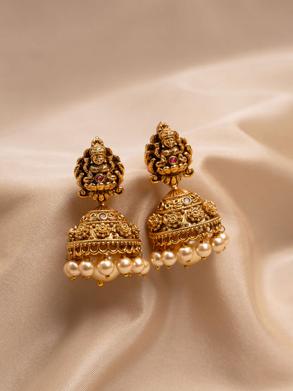 Antique Gold Temple Jhumka Earrings with Pearl Drops