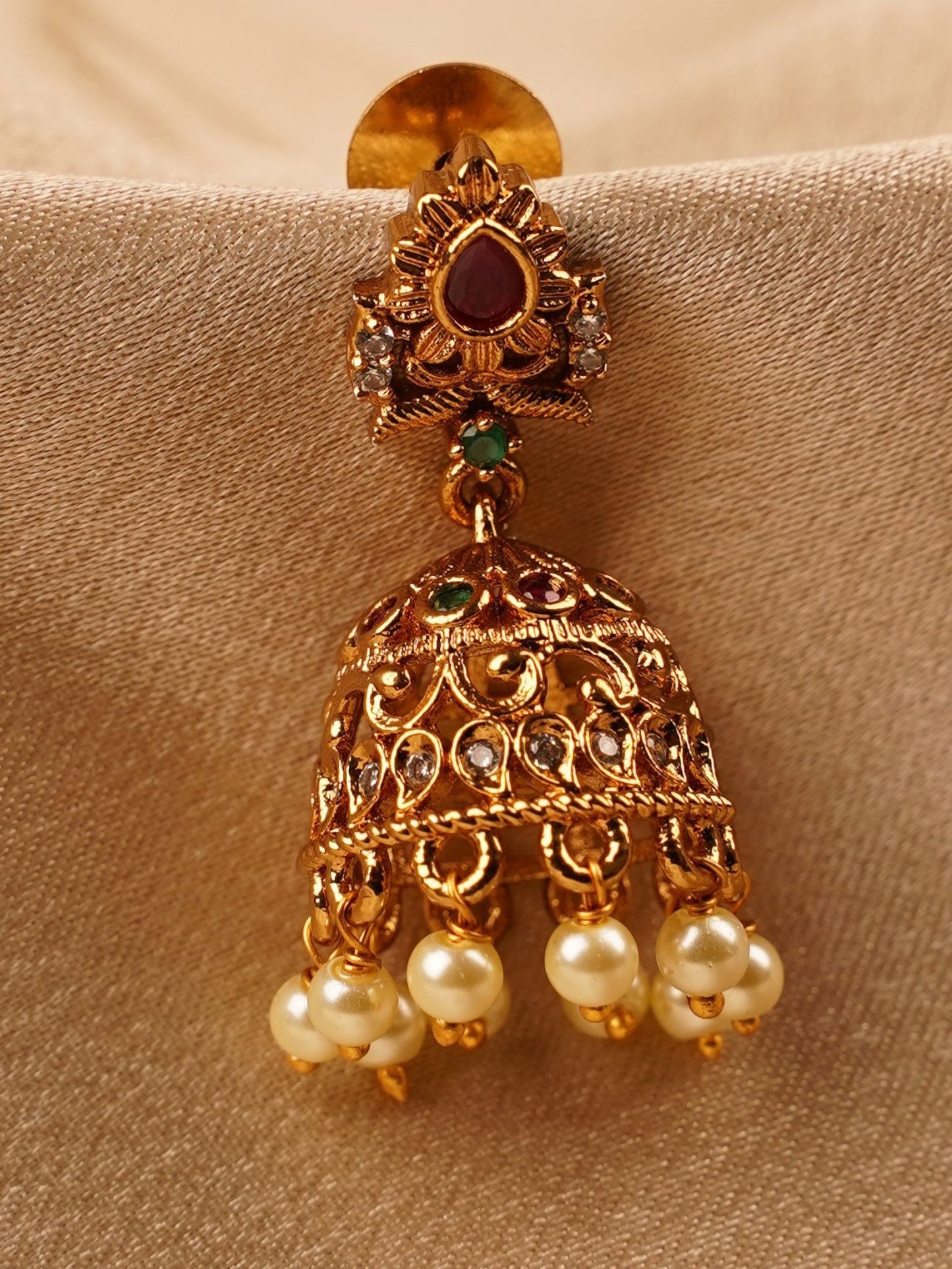 Antique Ruby Pearl Temple Jhumka