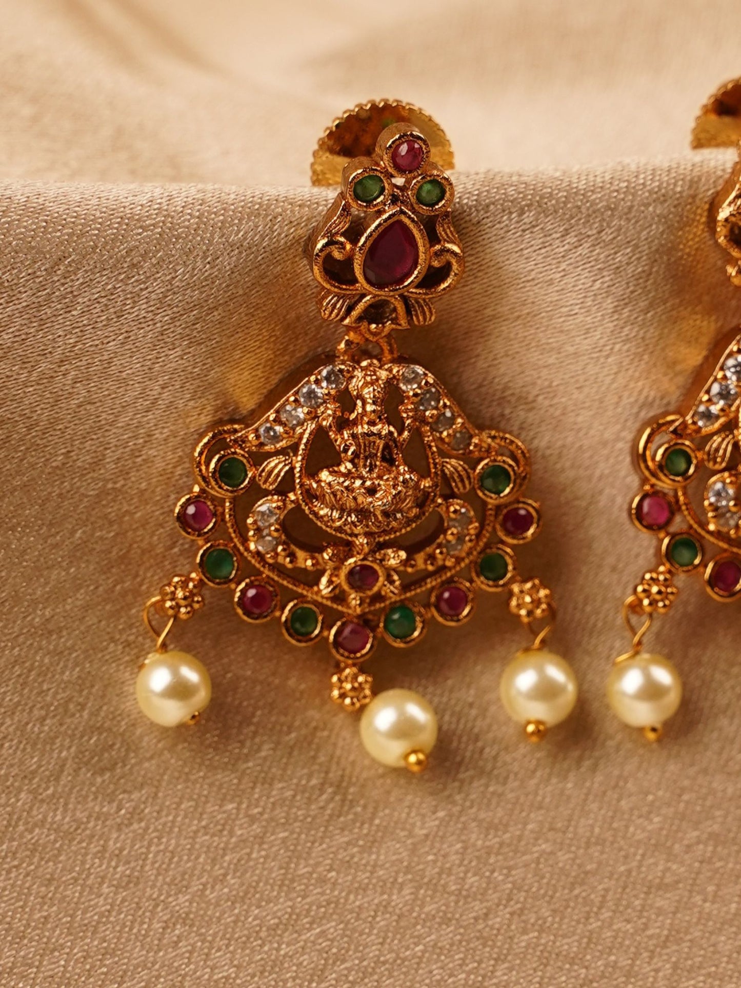 Lakshmi Navratna Pearl Temple Earrings