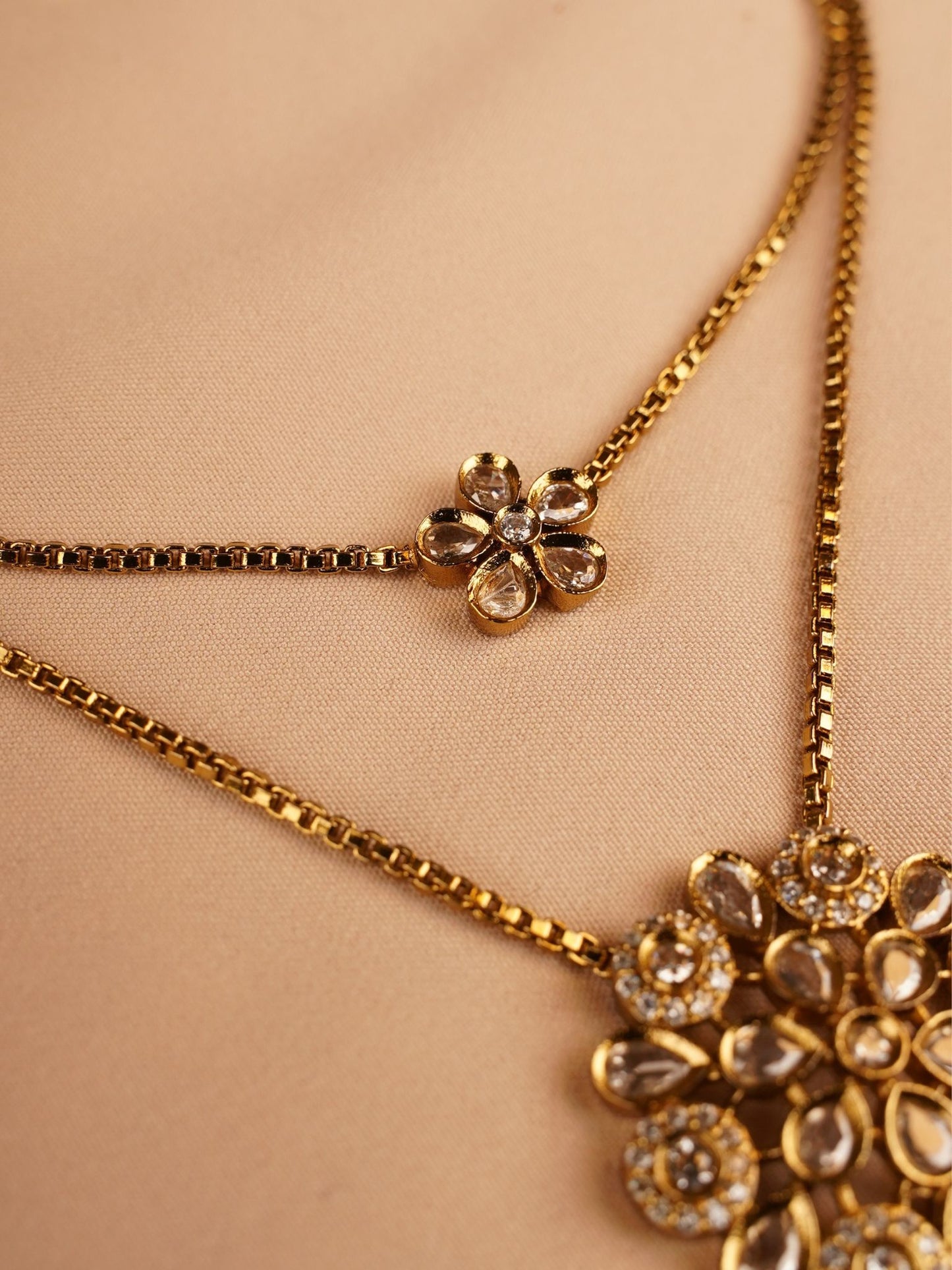 Dual Layer Floral Necklace Set with Ruby Red Drop