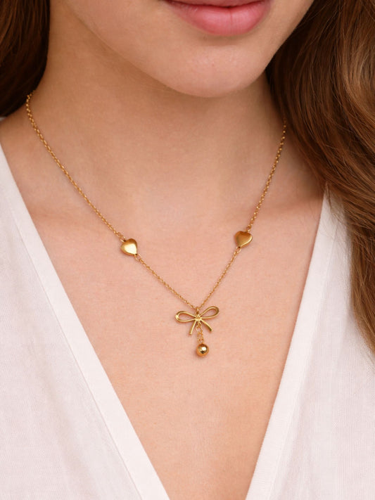 Golden Bow Heart Drop Necklace