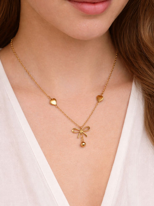 Golden Bow Heart Drop Necklace