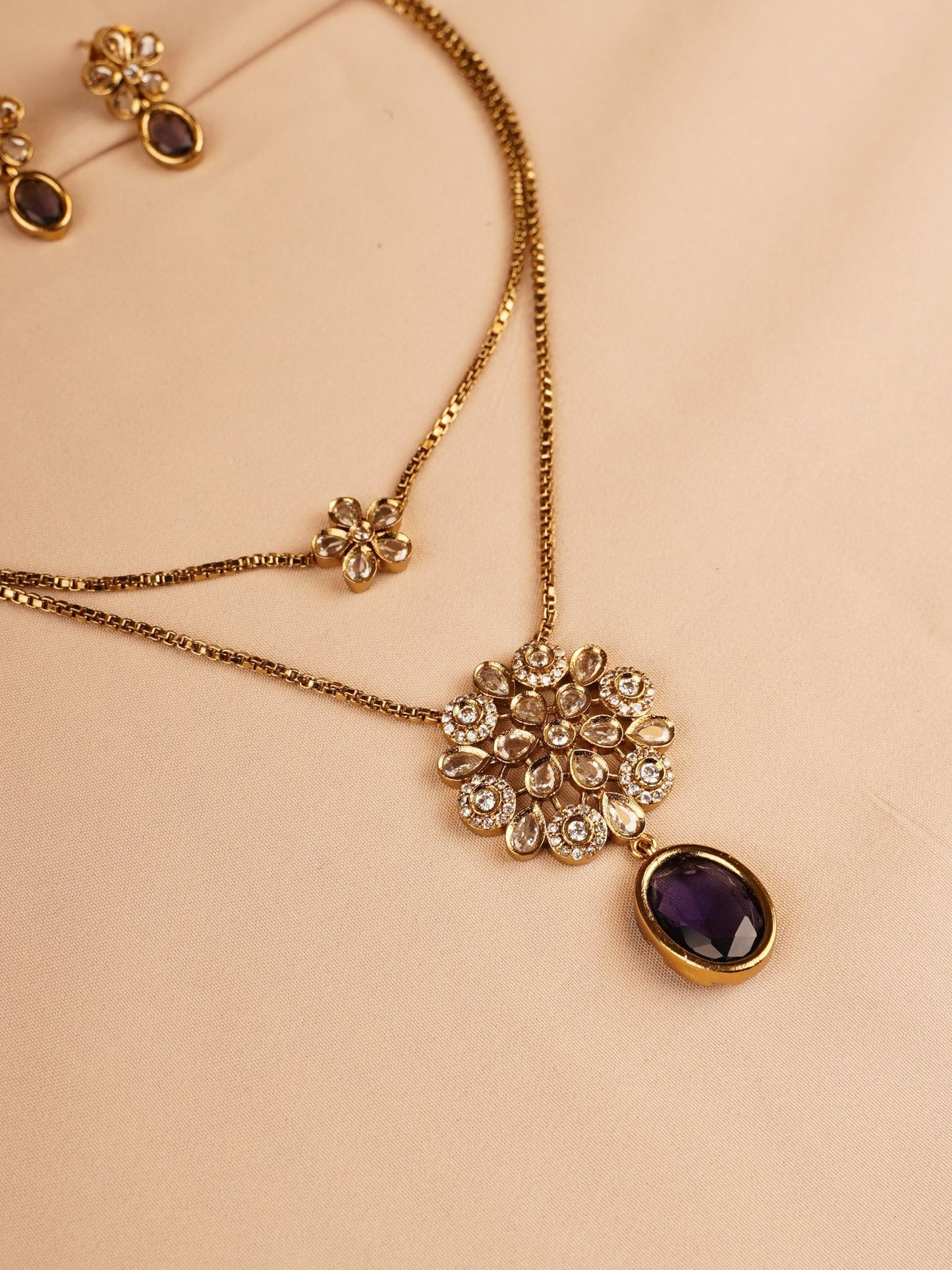 Dual Layer Floral Necklace Set with Purple Drop