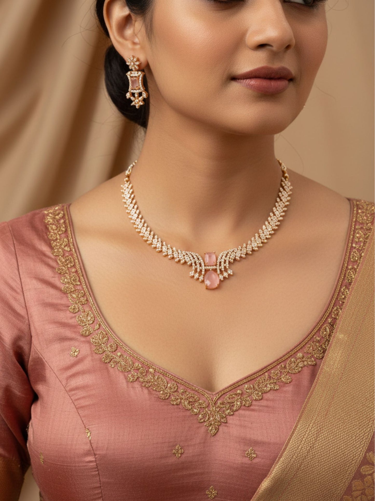 Blush Stone Necklace Set with Diamond Finish