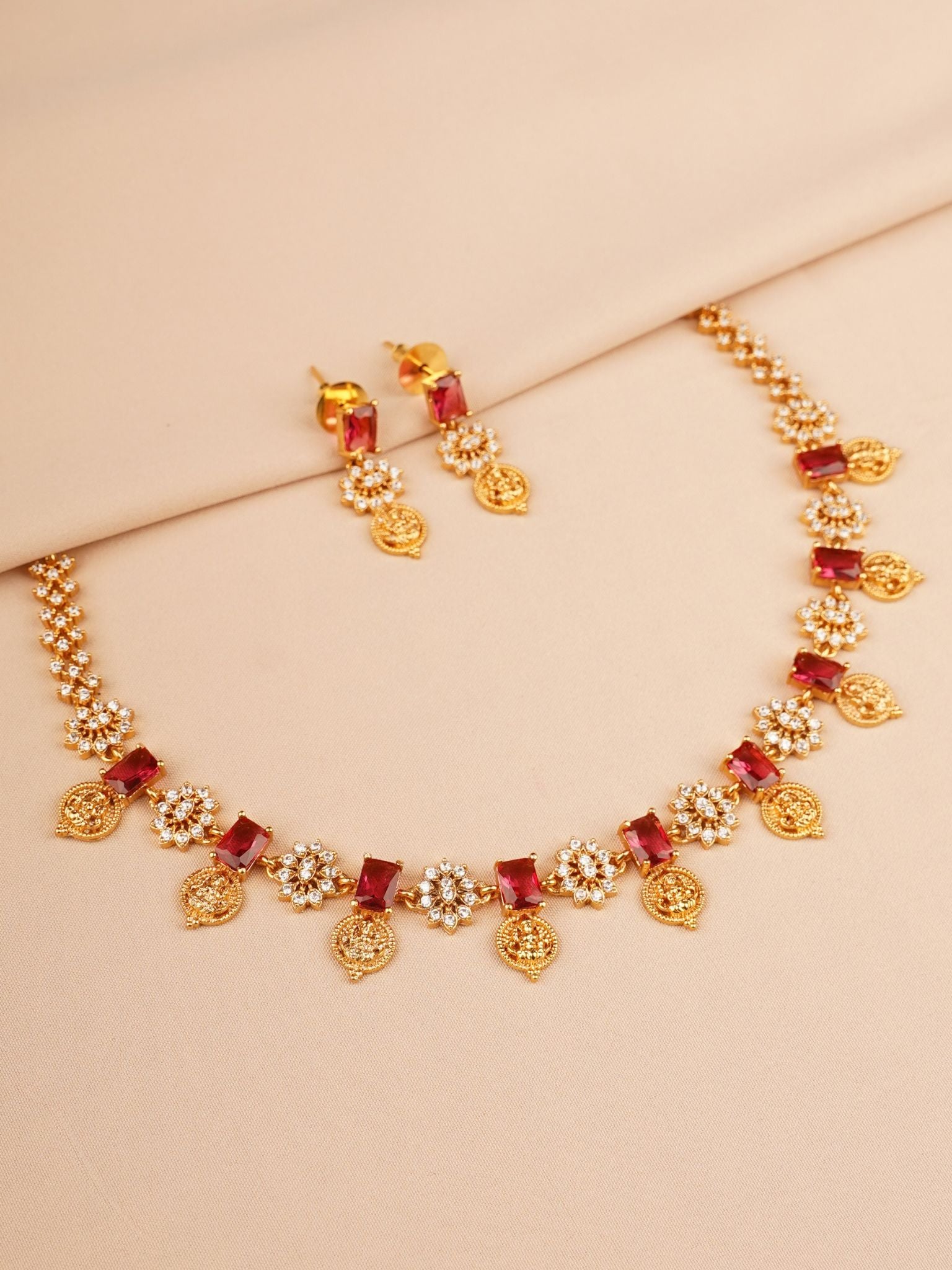 Red Stone & Coin Drop Elegant Necklace Set