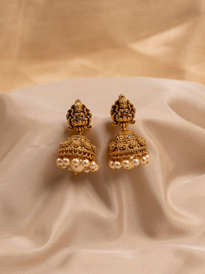 Antique Gold Temple Jhumka Earrings with Pearl Drops
