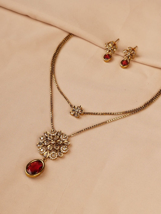 Dual Layer Floral Necklace Set with Ruby Red Drop