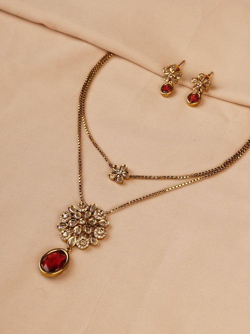 Dual Layer Floral Necklace Set with Ruby Red Drop