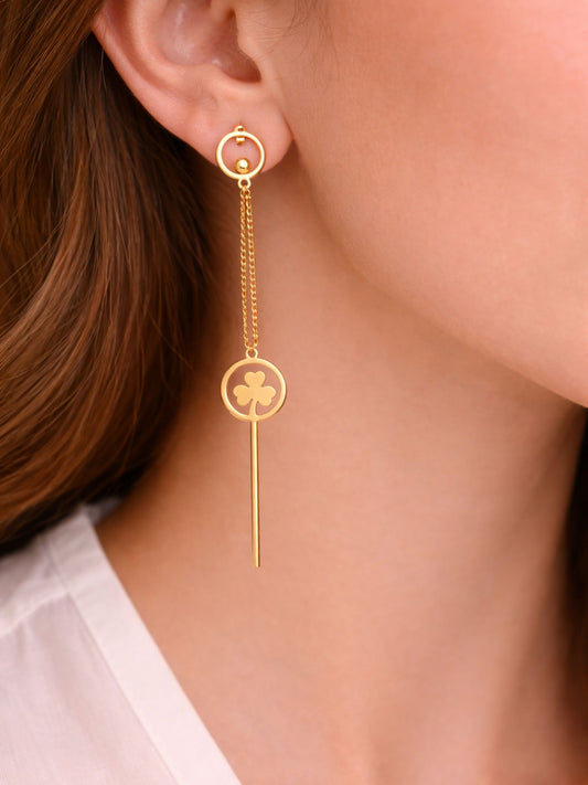 Modern gold drop earrings with clover charm and sleek bar detailing