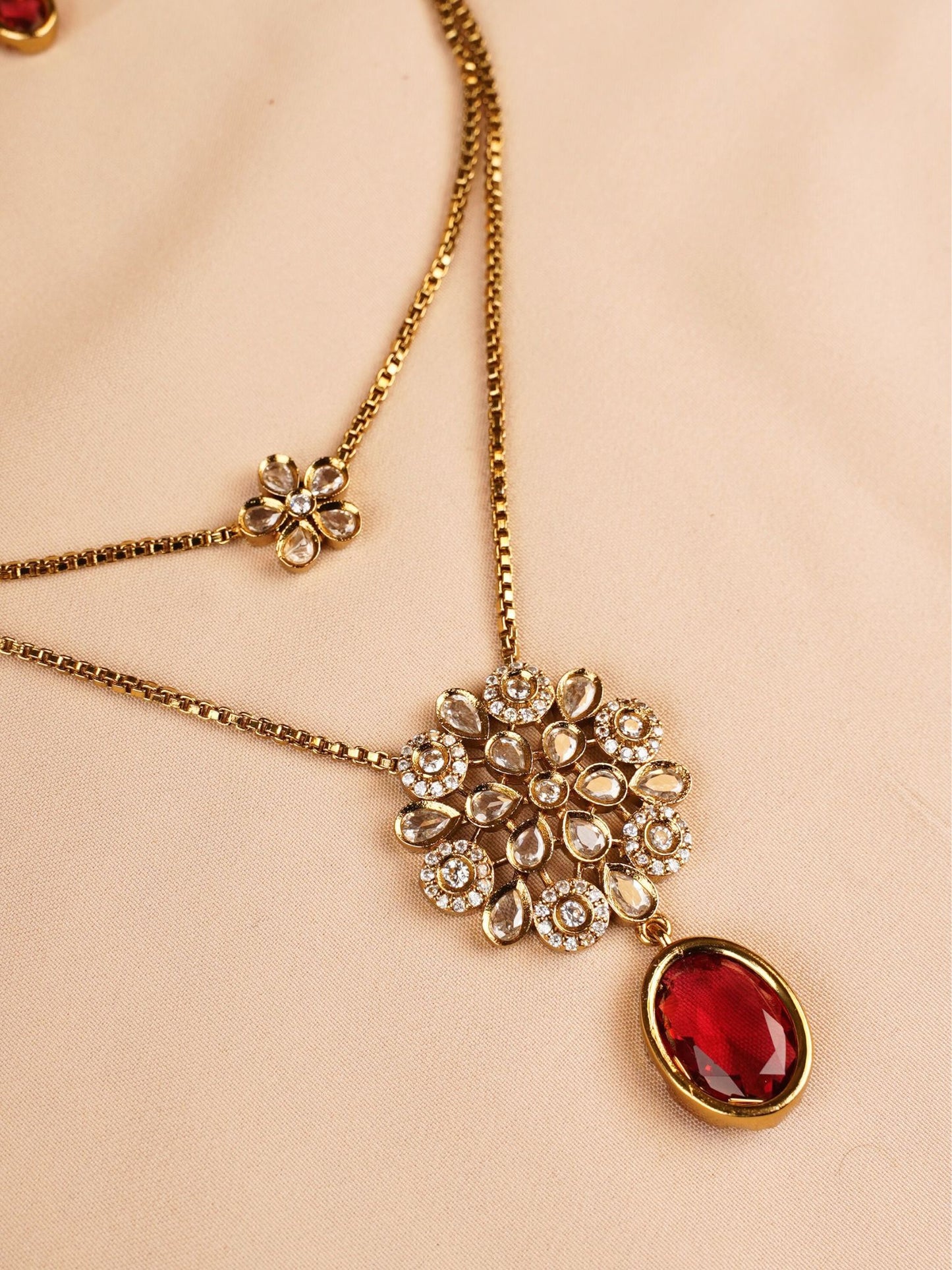 Dual Layer Floral Necklace Set with Ruby Red Drop