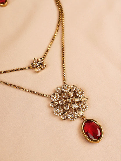 Dual Layer Floral Necklace Set with Ruby Red Drop