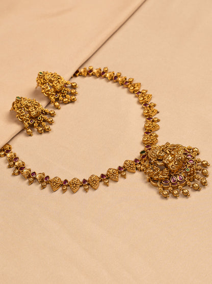 Traditional Lakshmi Temple Necklace Set with Ruby Stones and Earrings KC799