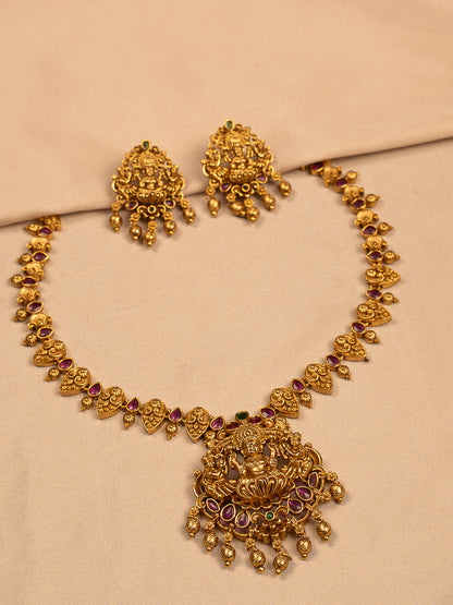 Traditional Lakshmi Temple Necklace Set with Ruby Stones and Earrings KC799