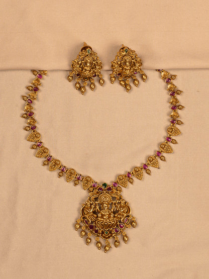 Traditional Lakshmi Temple Necklace Set with Ruby Stones and Earrings KC799
