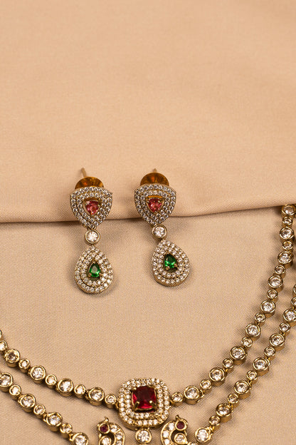 Regal Peacock Motif Stone-Studded Necklace Set with Earrings