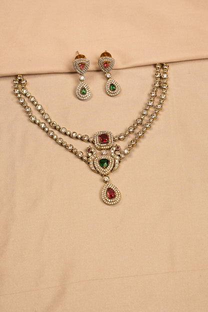 Regal Peacock Motif Stone-Studded Necklace Set with Earrings