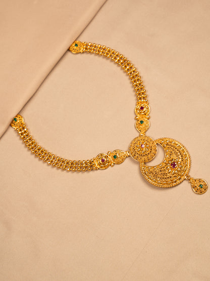 Temple-Inspired Antique Gold Necklace with Intricate Filigree Pendant