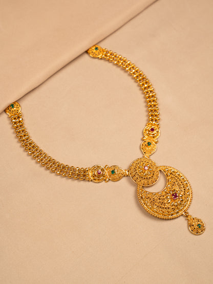 Temple-Inspired Antique Gold Necklace with Intricate Filigree Pendant