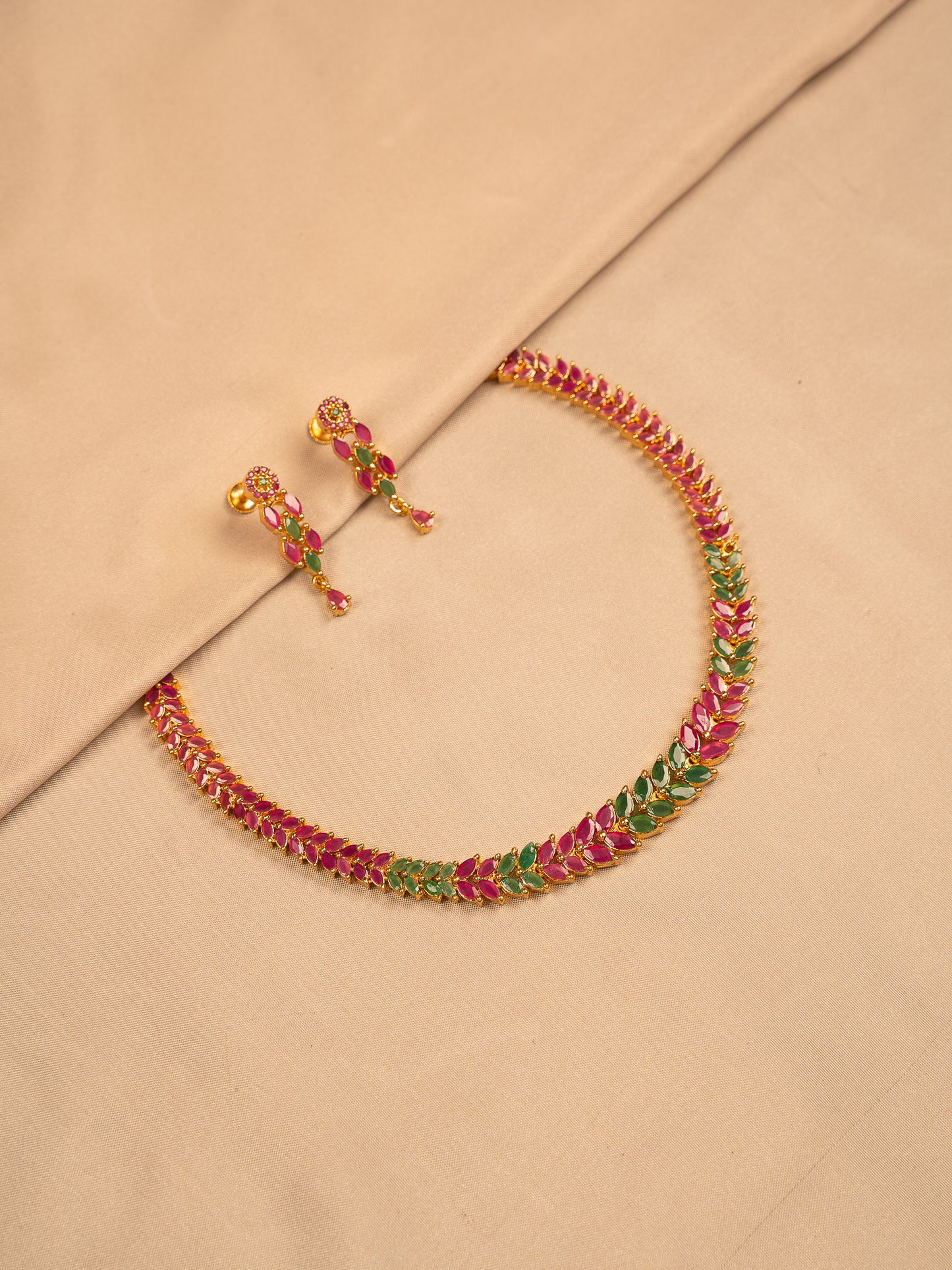 Leaf Motif Ruby & Emerald Necklace Set with Earrings