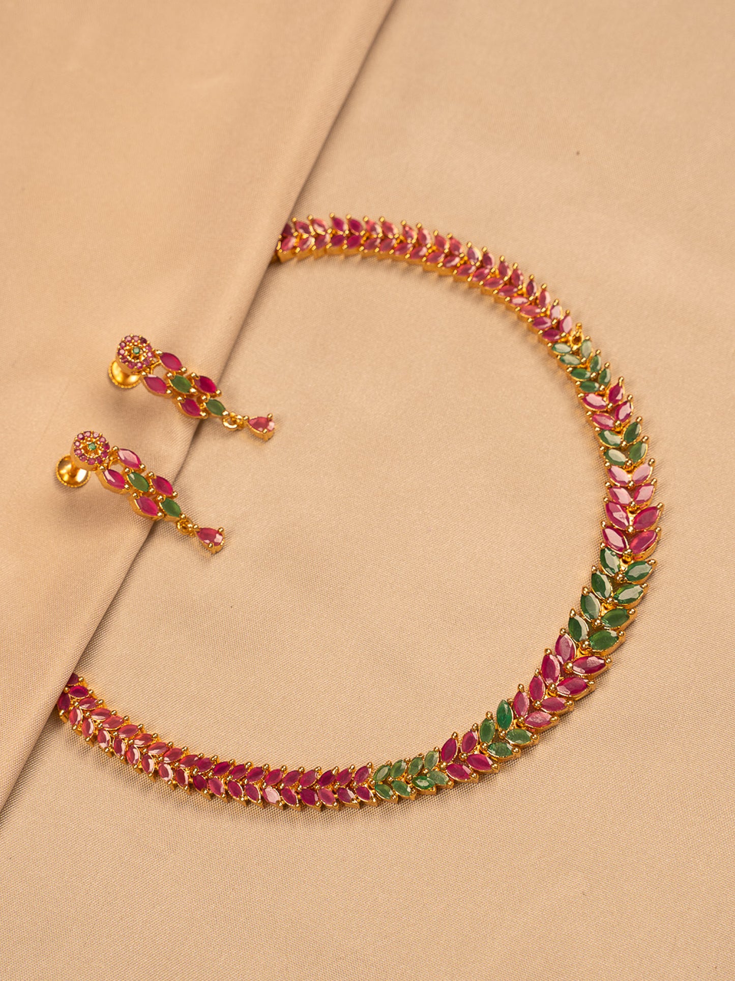 Leaf Motif Ruby & Emerald Necklace Set with Earrings