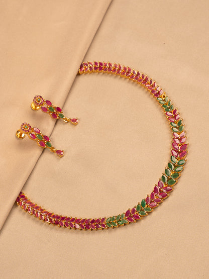 Leaf Motif Ruby & Emerald Necklace Set with Earrings
