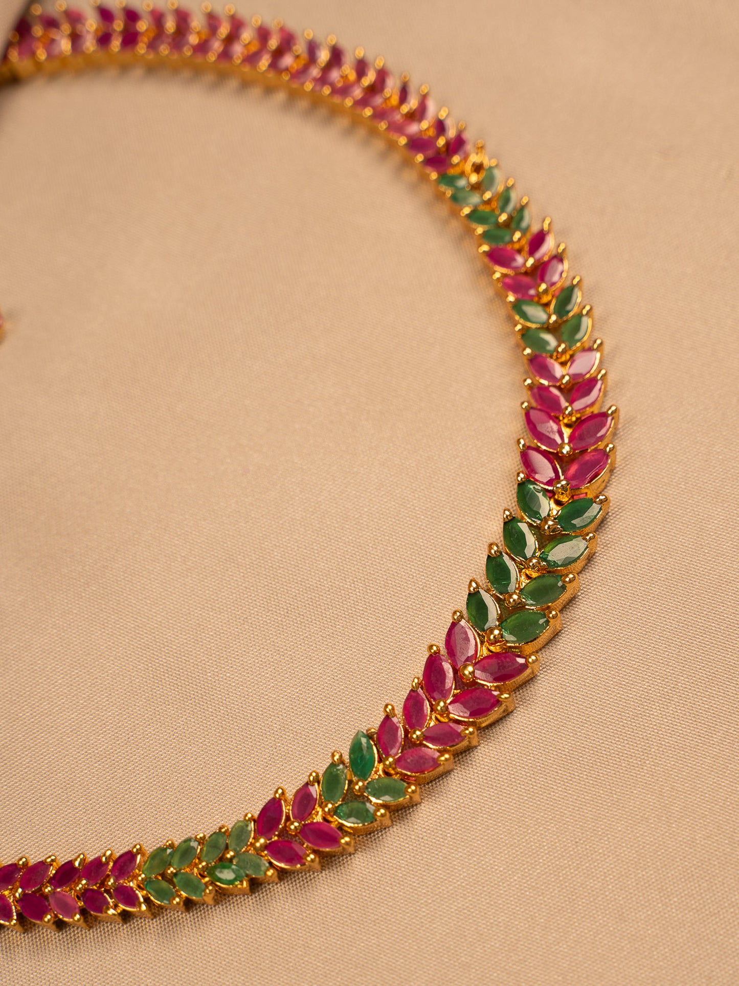 Leaf Motif Ruby & Emerald Necklace Set with Earrings