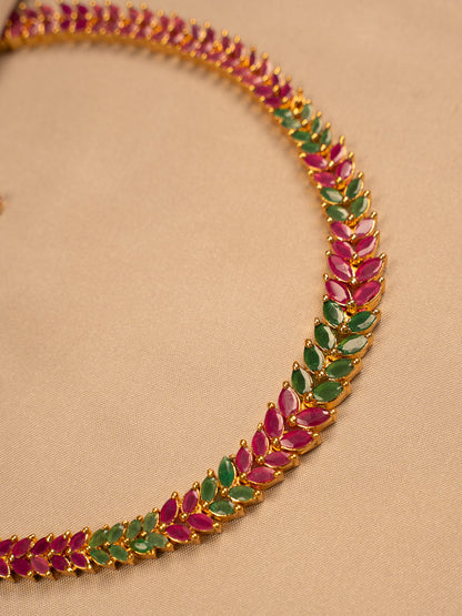 Leaf Motif Ruby & Emerald Necklace Set with Earrings