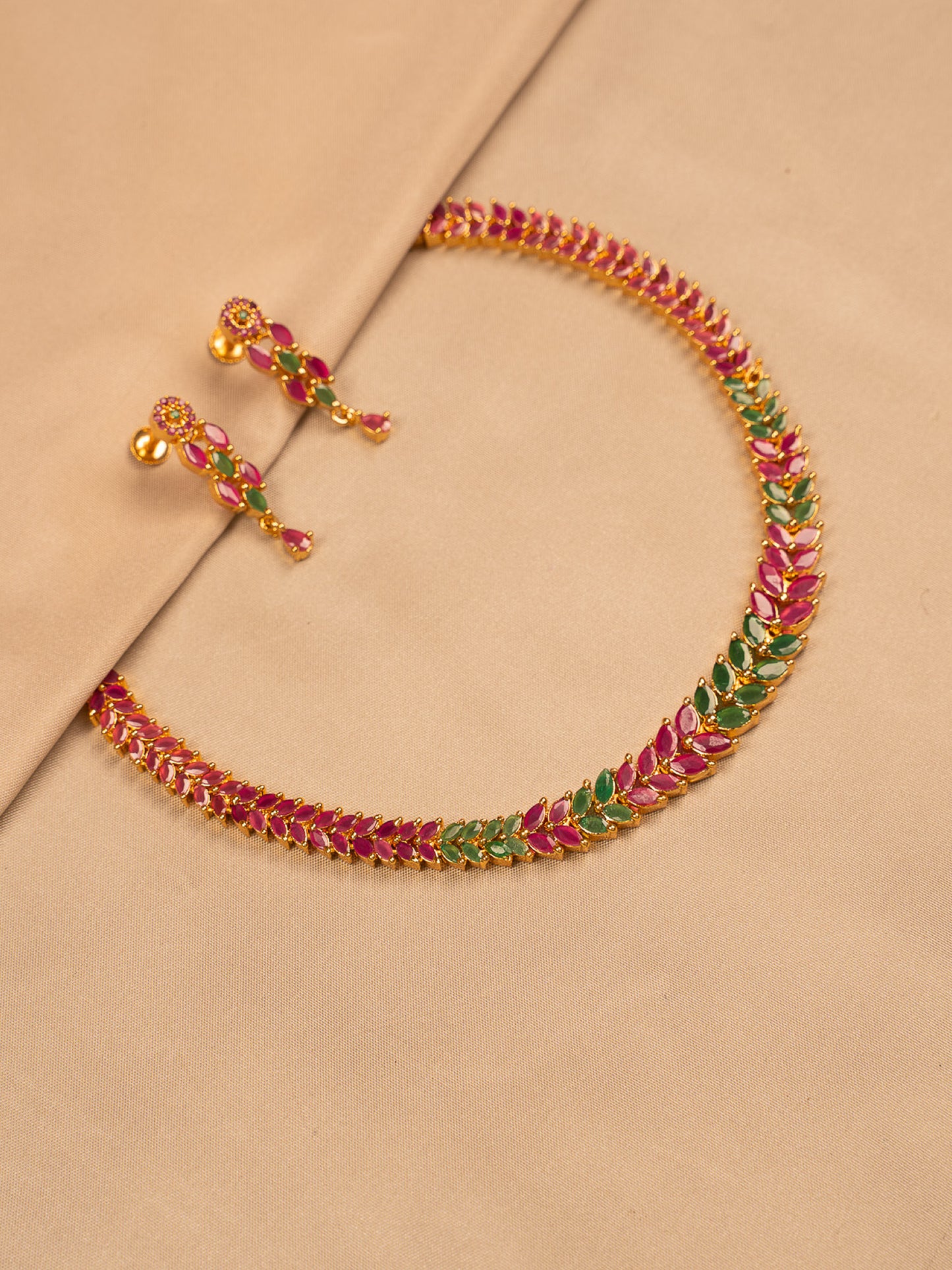 Leaf Motif Ruby & Emerald Necklace Set with Earrings