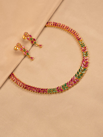 Leaf Motif Ruby & Emerald Necklace Set with Earrings