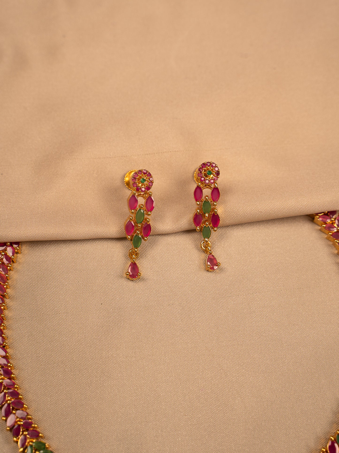 Leaf Motif Ruby & Emerald Necklace Set with Earrings