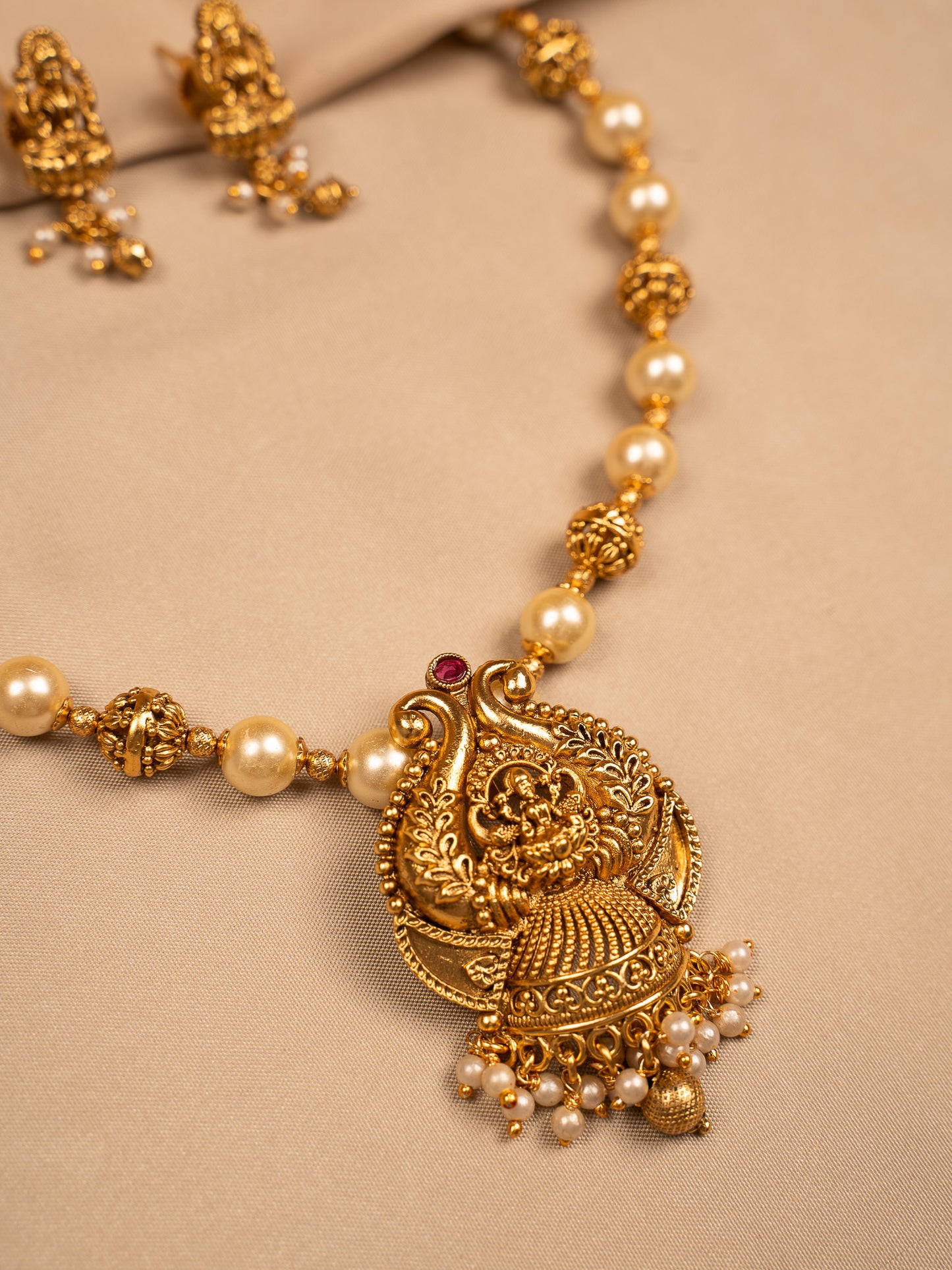 Traditional Lakshmi Temple Necklace Set with Pearl Beads and Jhumka Earrings