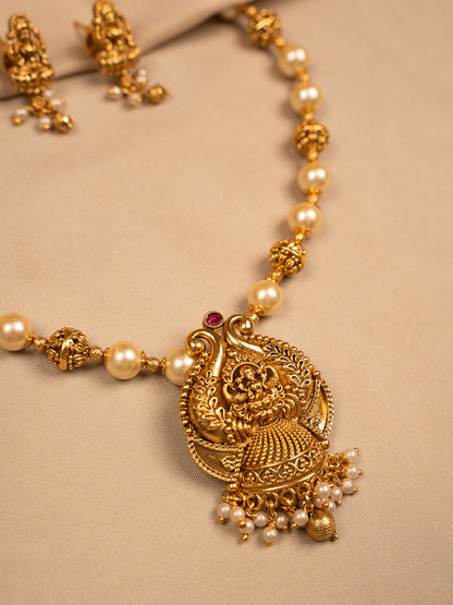 Traditional Lakshmi Temple Necklace Set with Pearl Beads and Jhumka Earrings