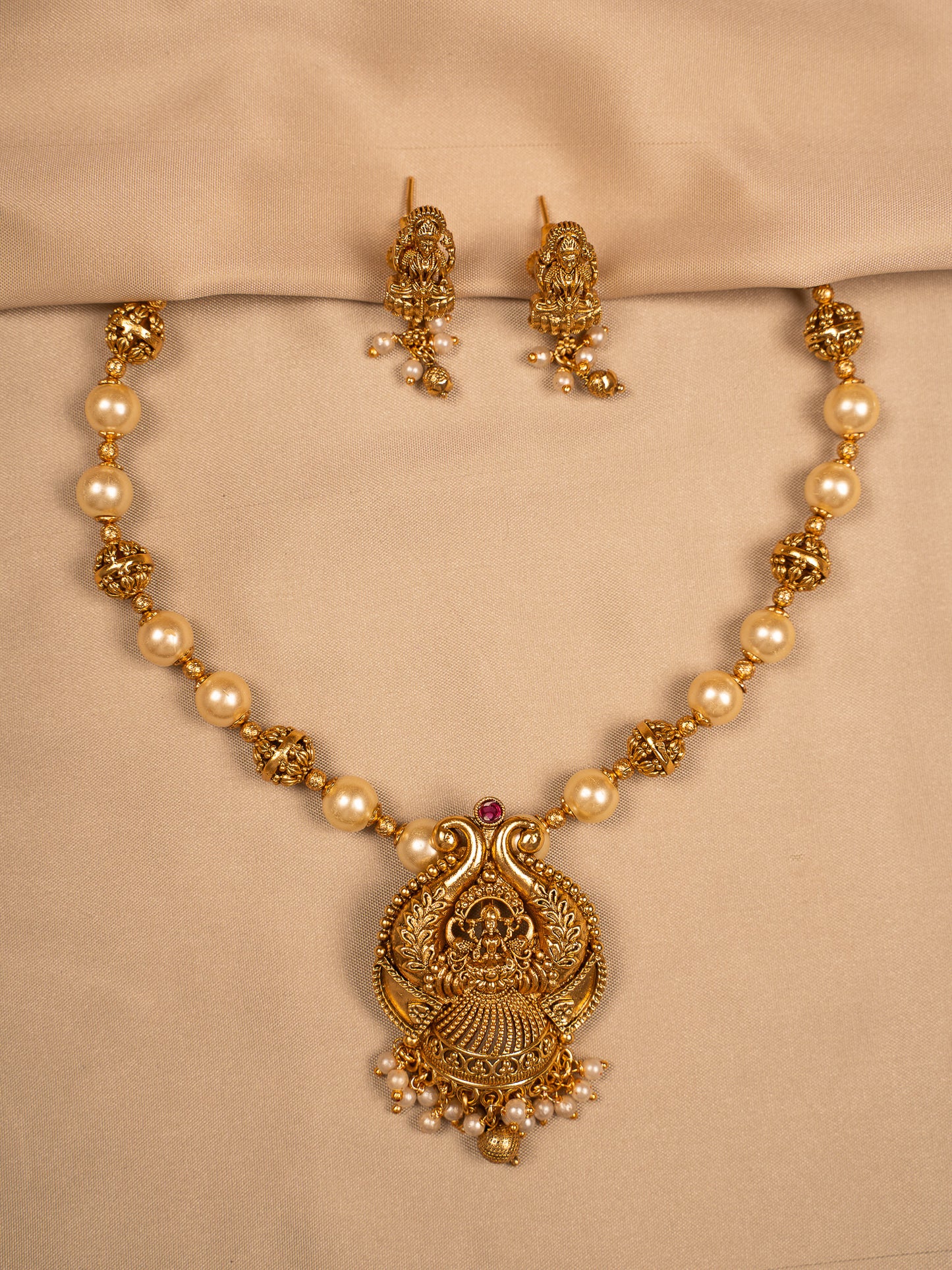 Traditional Lakshmi Temple Necklace Set with Pearl Beads and Jhumka Earrings