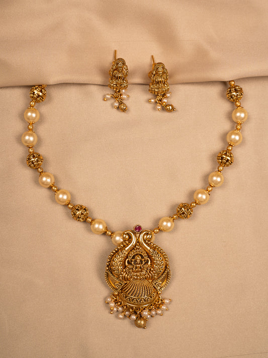 Traditional Lakshmi Temple Necklace Set with Pearl Beads and Jhumka Earrings