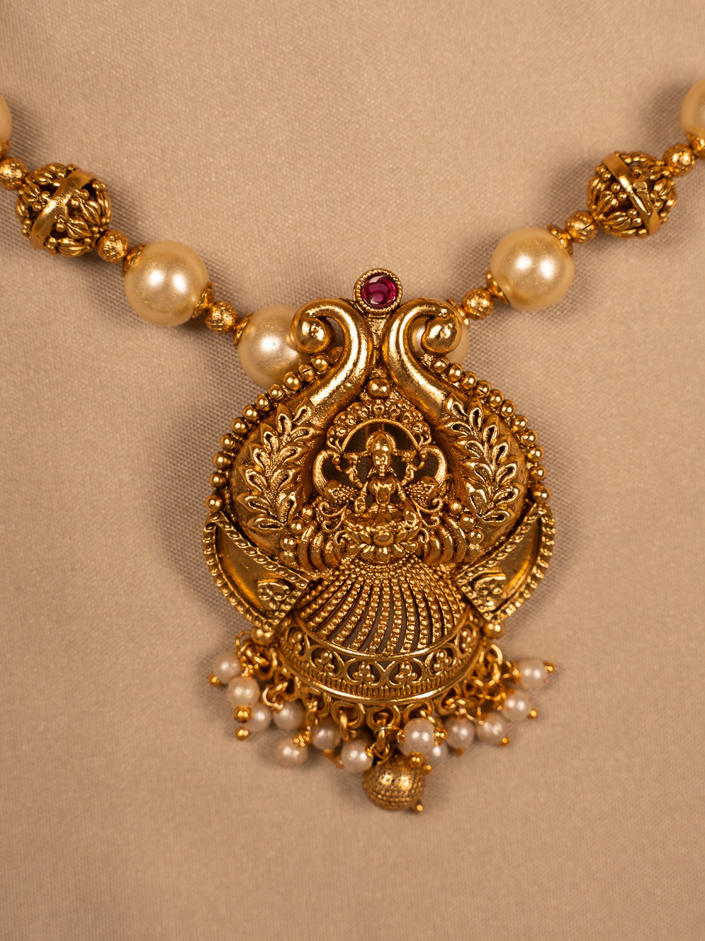 Traditional Lakshmi Temple Necklace Set with Pearl Beads and Jhumka Earrings