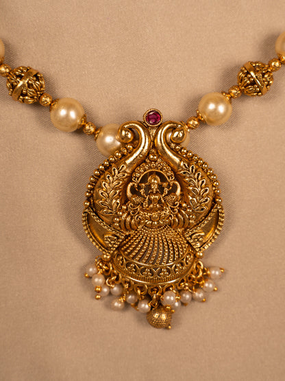 Traditional Lakshmi Temple Necklace Set with Pearl Beads and Jhumka Earrings