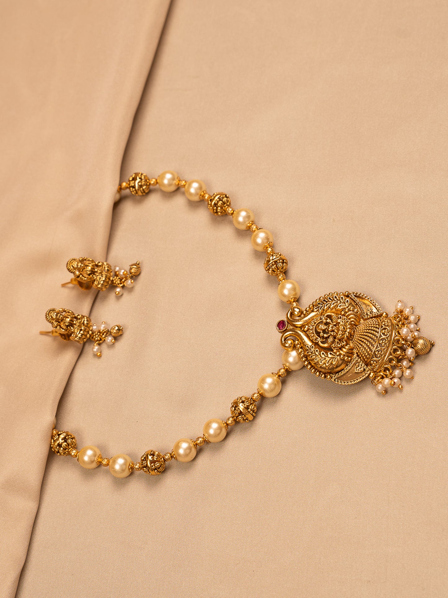 Traditional Lakshmi Temple Necklace Set with Pearl Beads and Jhumka Earrings