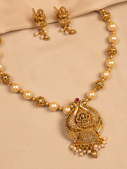 Traditional Lakshmi Temple Necklace Set with Pearl Beads and Jhumka Earrings
