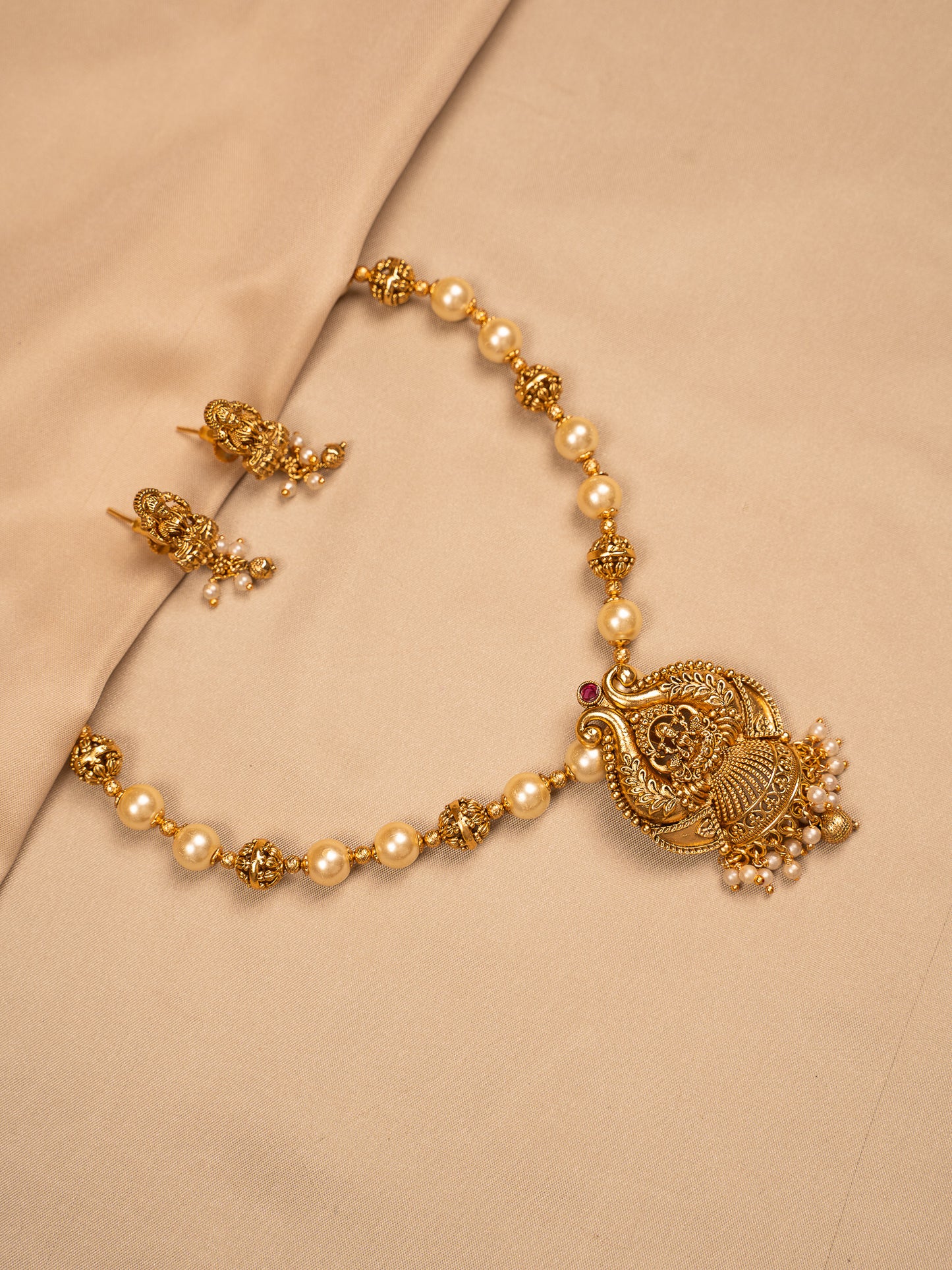 Traditional Lakshmi Temple Necklace Set with Pearl Beads and Jhumka Earrings