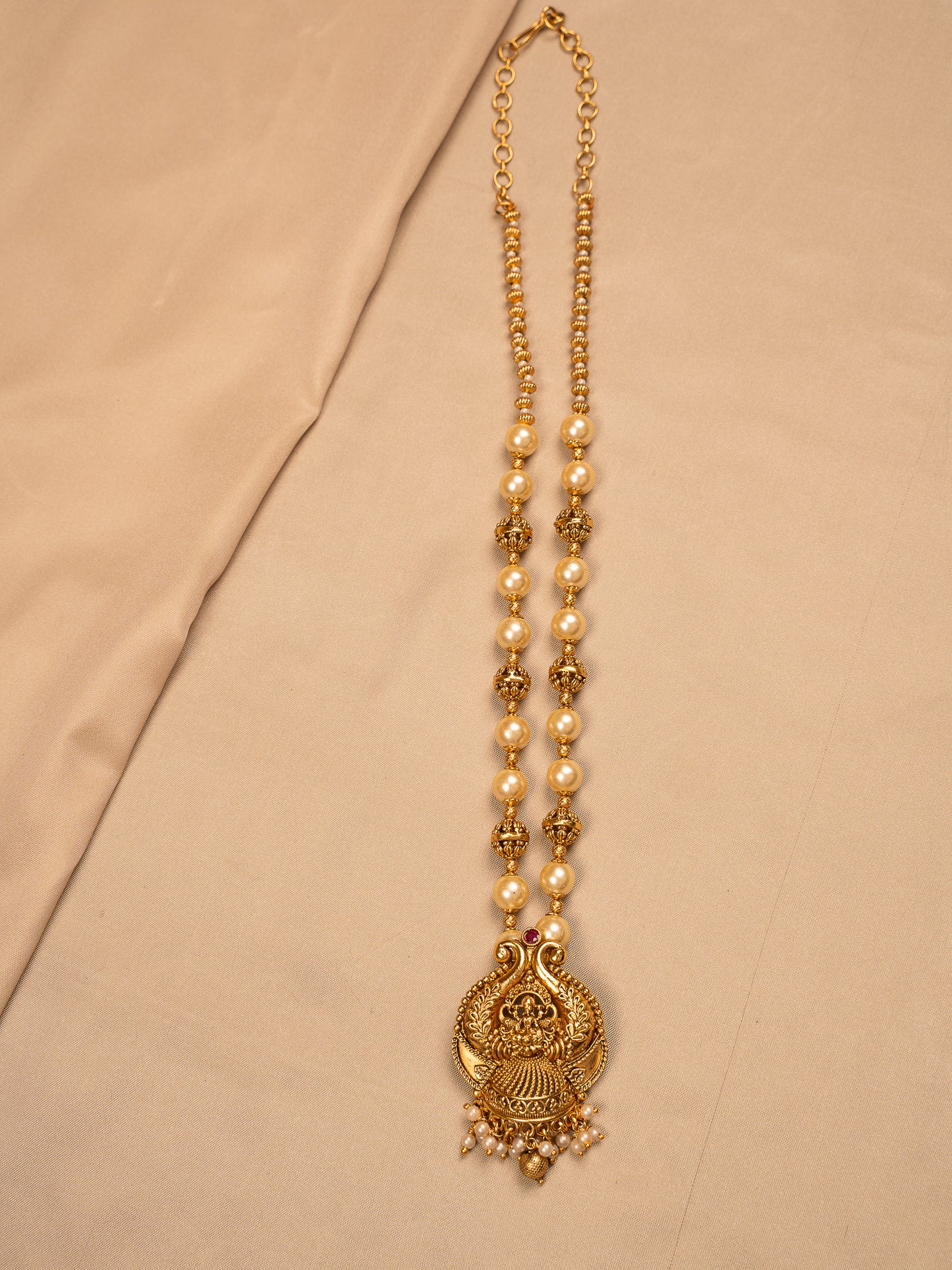 Traditional Lakshmi Temple Necklace Set with Pearl Beads and Jhumka Earrings