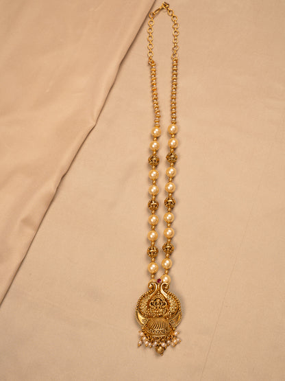 Traditional Lakshmi Temple Necklace Set with Pearl Beads and Jhumka Earrings