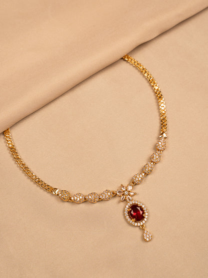 Elegant Gold Necklace with Red Stone Pendant & White CZ Detailing