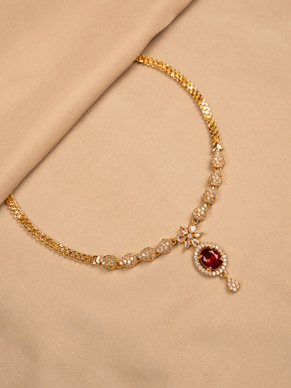 Elegant Gold Necklace with Red Stone Pendant & White CZ Detailing